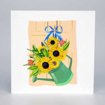 Bó hoa hướng dương cắm trong chậu tưới cây - Thiệp giấy xoắn 15 x 15 cm - Thiệp chúc mừng dành cho người yêu hoa