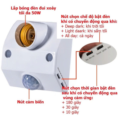 Đuôi đèn cảm ứng chuyển động hồng ngoại, đui đèn cảm biến chuyển động hồng ngoại