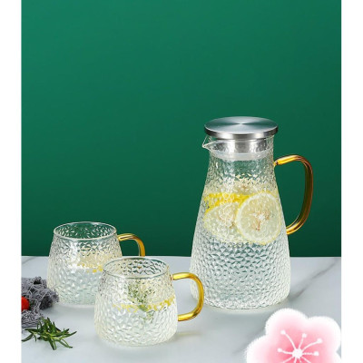 Bình đựng nước uống thủy tinh vân hạt gạo cao cấp nắp inox quai vàng