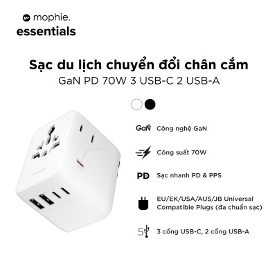 Sạc du lịch chuyển đổi chân cắm mophie Essentials PD 70W, 35W 3C2A GaN - Hàng chính hãng