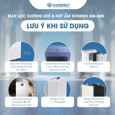 Máy Lọc Không Khí Và Hút Ẩm Kosmen KM-30N, Lọc Chuyên Sâu, Kết Nối Wifi Bằng App - Hàng Chính Hãng