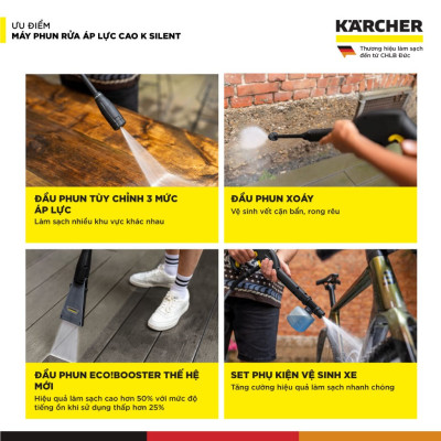 Máy phun rửa áp lực cao Karcher K Silent - Công suất 1800W, áp lực tối đa 130 bar - Bảo hành chính hãng 24 tháng - Hàng Chính Hãng