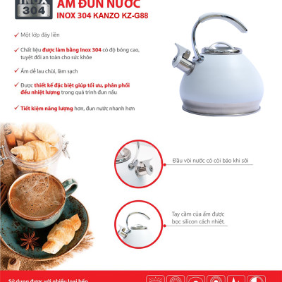 Ấm đun nước bếp từ Kanzo KZ-G88 còi báo 3.0 L - Sử dụng mọi loại bếp - Germany Technology - Hàng chính hãng