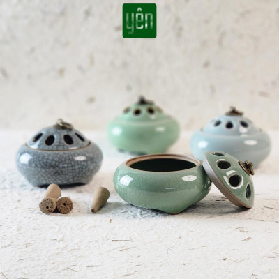 Lư Xông Nụ Trầm Gốm Sứ Nắp Đồng Hoa Văn - Dùng Đốt Nụ Trầm, Nụ Thảo Mộc Thuần Việt