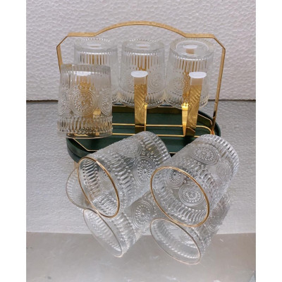 Combo 6 cốc thủy tinh uống nước chịu nhiệt cao cấp họa tiết tống đồng kèm giá úp cốc có khay hứng nước ngọng vàng