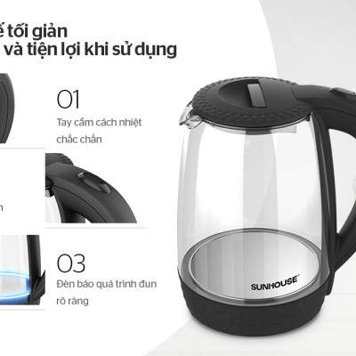 [Hàng Chính Hãng]  Ấm Siêu Tốc Thủy Tinh Sunhouse SHD1215 1.8 Lít - Bảo Hành 12 Tháng Toàn Quốc