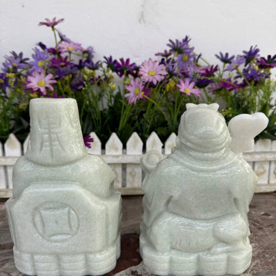 Bộ tượng thờ hai ông Tài Địa Thần Tài Thổ Địa đá cẩm thạch trắng xanh - Cao 15 cm