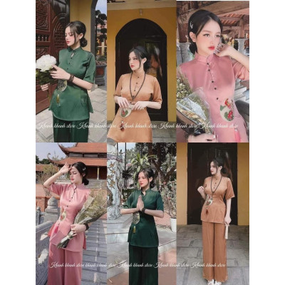 Đồ Lam Nữ Đi Chùa - Bộ Cổ Trụ Thêu Hạt Đính Ngọc Bội Tàu AL025