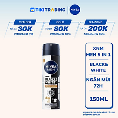 Xịt Ngăn Mùi NIVEA MEN Black & White Ngăn Vệt Ố Vàng Vượt Trội 5in1 (150ml) - 85388