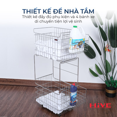 Kệ (Giỏ) Đựng Đồ, Chia Quần Áo Phòng Giặt HiVE 2 tầng inox 304 cao cấp có bánh xe