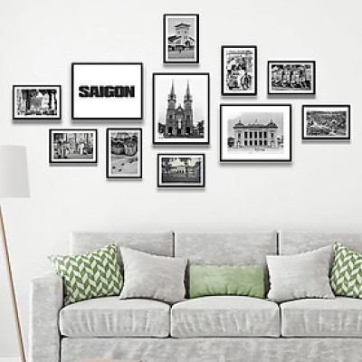 Bộ 11 khung ảnh sài gòn xưa trắng đen có sẵn khung kèm đinh treo