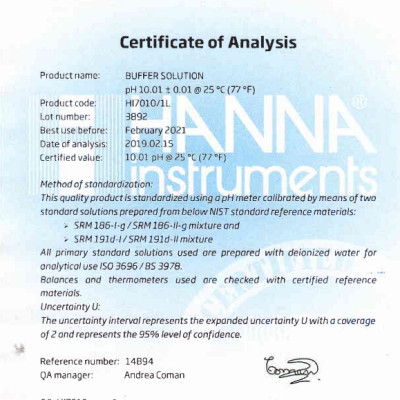 Dung Dịch/Nước Đệm Chuẩn pH 10.01 (Chai 1 lít) Dùng Để Kiểm Tra Hoặc Hiệu Chuẩn Bất Kỳ Máy Đo pH Nào Trên Thị Trường Tại Điểm 10.01 theo chuẩn NIST, HANNA HI7010/1L, kèm Chứng nhận phân tích COA và MSDS