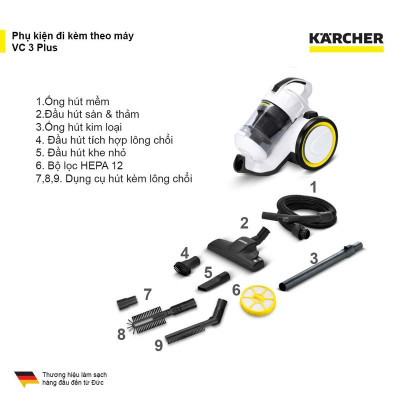 (Hàng chính hãng) Máy hút bụi khô không dùng túi lọc bụi Karcher VC 3 Plus công suất 1100w màu trắng - bảo hành 18 tháng