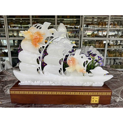 Tượng thuận buồm xuôi gió và đôi uyên ương phong thủy đá bạch ngọc trang trí bàn làm việc, phòng khách