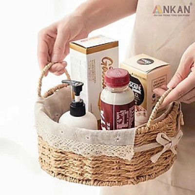 Giỏ Picnic Hình Tròn Có Quai – Đan Tay Thủ Công, Lót Vải Hoa Vintage, Giỏ Đựng Đồ Trang Trí Xinh Xắn