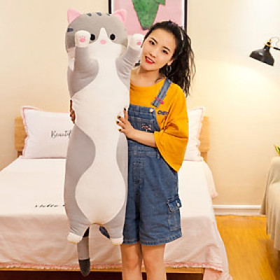 Gối Ôm Gấu Bông Mèo Dài Bông Tuyết Siêu Mịn Xám