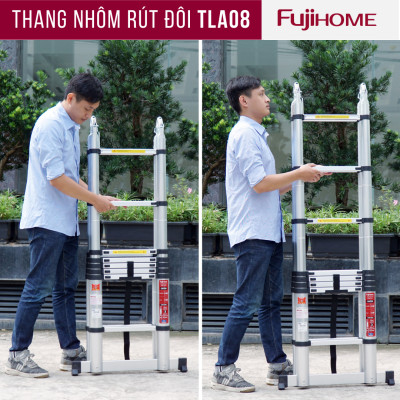 Thang nhôm rút gọn chữ A  FUJIHOME TLA08 ( Chiều cao chữ A  2,5m - Cao chữ I 5m, Khóa an toàn, đế chống trượt) Hàng Chính hãng