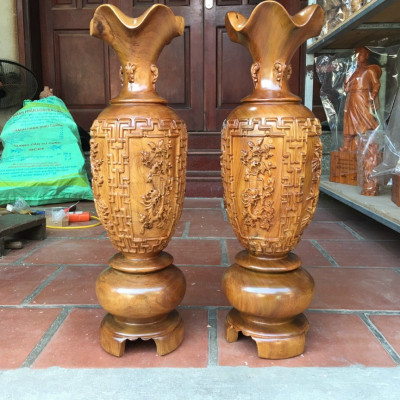 Cặp lục bình trạm khắc tứ quý ,phong thủy hút tài lộc .bằng gỗ bách xanh kt cao 50×14,5cm