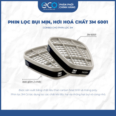 Phin Lọc 3M 6001, 6003, 6006 kết hợp tấm lọc bụi 5N11 cùng nắp giữ 501 lọc hơi hữu cơ xăng dầu phun sơn, chống độc