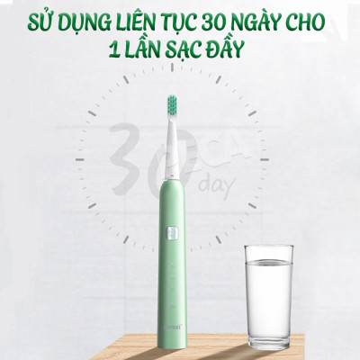 Bàn chải đánh răng điện KEMEI KM-713 công nghệ rung siêu âm 31000 lần/ phút điều chỉnh 6 chế độ đánh bay mảng bám sạch sâu gấp nhiêu lần so với bàn chải thủ công + Tặng kèm 5 đầu bàn chải thay thế - Hàng chính hãng