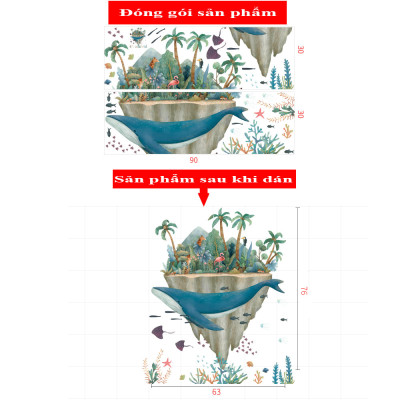 Sticker Giấy Dán Tường Decal Dán tường Tranh Dán Tường Trang Trí Tường Mẫu Cá Voi Xanh Và Bán Đảo Sở Thú ZH-1018