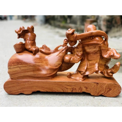 Tượng di lặc gỗ kéo bao thần tài - bằng gỗ hương đá kt 50×30×15cm