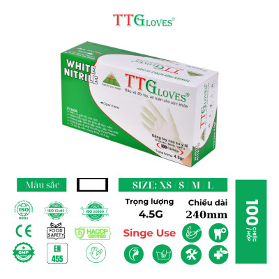 Găng Tay Y Tế Size L Không Bột Nitrile TTGLOVES Màu Trắng (100 Chiếc)