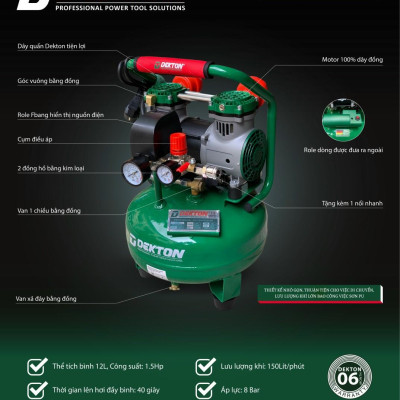 MÁY NÉN KHÍ KHÔNG DẦU 1.5HP 12L DEKTON DK-AC2912S - HÀNG CHÍNH HÃNG