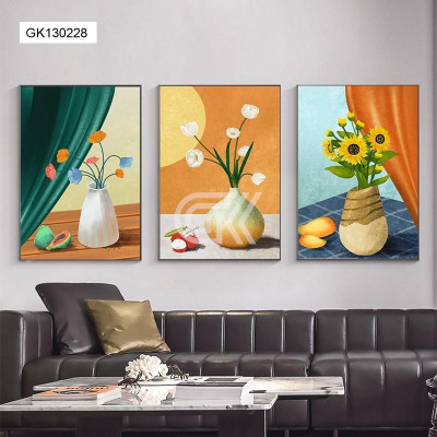 Tranh treo tường, tranh canvas bộ 3 tấm mẫu tranh hoa trừu tương kèm khung cao cấp.