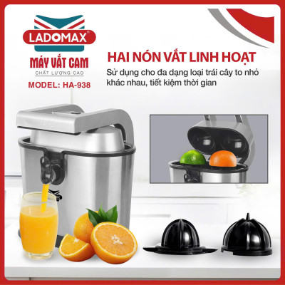 Máy Vắt Cam 2 Đầu Ép LADOMAX HA-938 dành cho quán công suất 1060W motor đồng-Hàng chính hãng