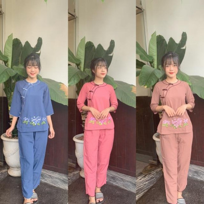 Áo lam đi chùa_ viền cổ tròn bông thêu