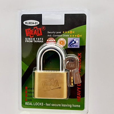 #RL8034-01 Khóa treo đồng bầu Real 60mm màu thau nguyên chất vĩ xanh xuất khẩu