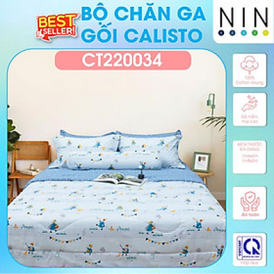 NEW ARRIVAL Bộ 5 món drap cotton, áo gối, mền chần NIN Calisto CT220034 1m6, 1m8 bọc nệm bo chun, cao cấp