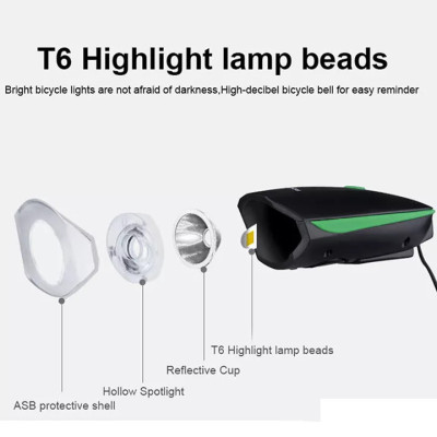 Đèn xe đạp thể thao siêu sáng có còi pin sạc usb led T6 chống nước - Đèn còi xe đạp có 3 chế độ sáng còi to