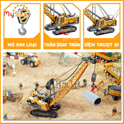 Xe tải, ô tô máy ủi, xúc múc đất, trộn bê tông, cần cẩu nâng, xe ủi đồ chơi công trình bằng kim loại cho trẻ em bé.
