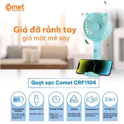 Quạt Sạc Cầm Tay COMET CRF1104 Công Suất 3W, Pin 1200mAh, Có Đế Rời, Kích Thước Nhỏ Gọn hàng chính hãng