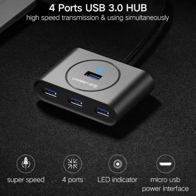 Ugreen UG20290CR113TK 50CM màu Đen Bộ chia HUB USB 3.0 sang 4 USB 3.0 hỗ trợ nguồn 5V - HÀNG CHÍNH HÃNG