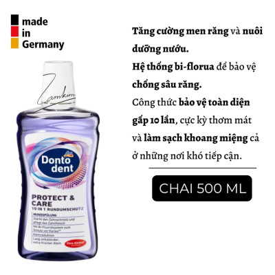 Nước súc miệng Dontodent Đức bảo vệ răng miệng, diệt khuẩn, hơi thở thơm mát 500ml
