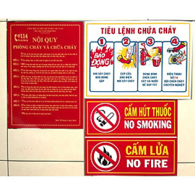 Bộ 4 bảng chất liệu tôn cao cấp gồm: Nội quy - Tiêu lệnh Phòng cháy chữa cháy - Cấm Thuốc - Cấm lửa