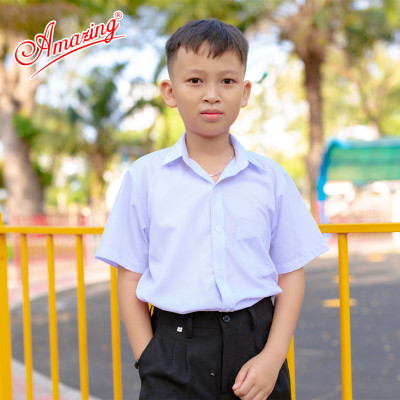 Áo sơ mi nam màu trắng, tay ngắn, đồng phục học sinh các cấp, size từ 20-95kg, form suông, vạt bầu, thương hiệu Amazing