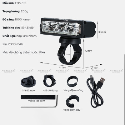 Đèn xe đạp chống nước UH-1000 3 bóng 1000 Lumens có led ban ngày, đèn trước xe đạp sạc USB Type-C, hợp kim nhôm (không kèm pad đỡ dài), đủ phụ kiện - Mai Lee