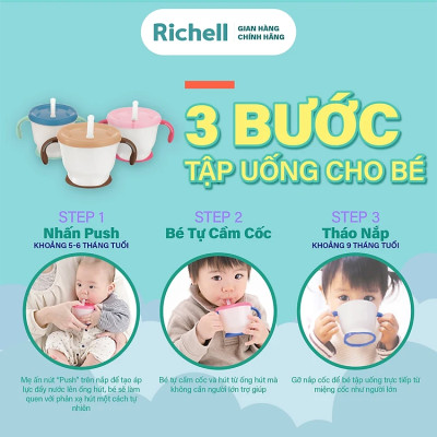 Cốc tập hút, tập uống 3 giai đoạn cho bé RICHELL Nhật AQ phiên bản châu Á | Baby 6m+ 150ml