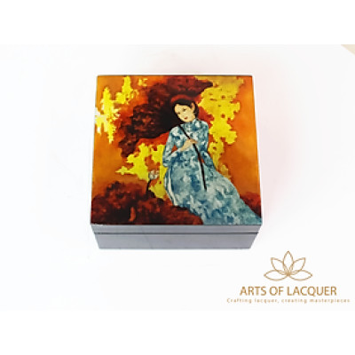 Hộp Lưu Niệm Sơn Mài Họa Tiết Cô Gái Ngồi Bên Hoa Sen