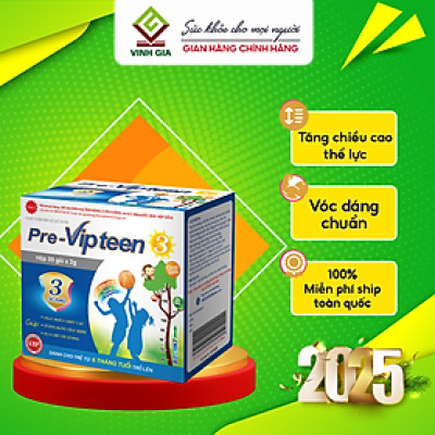 Cốm Bổ Sung Canxi Hỗ trợ Tăng Chiều Cao Pre-Vipteen 3 VINH GIA Dành Cho Trẻ Từ 6 Tháng Tuổi Hộp 20 Gói