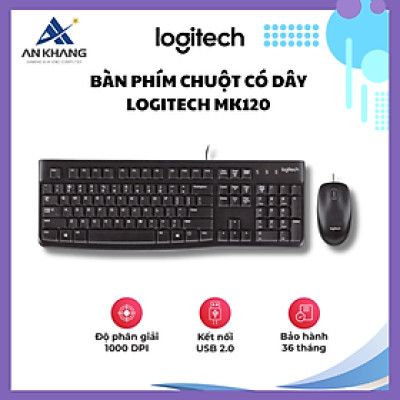 Bàn phím chuột có dây Logitech MK120 Thiết kế chống đổ tràn, có kích thước đầy đủ kèm bàn phím số, bền bỉ - Hàng Chính Hãng