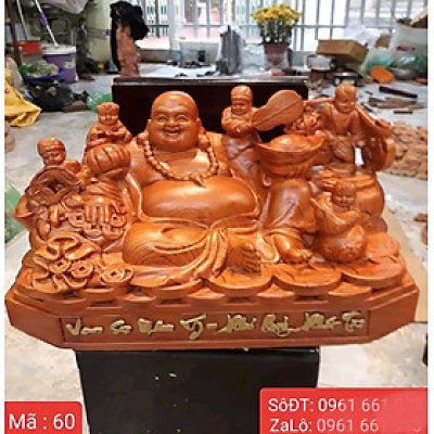 Tượng phật di lặc ngũ phúc bằng gỗ hương đá liền khối kt 60×30×30cm
