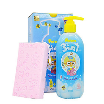 Sữa tắm gội xả 3-in-1 trẻ em tặng kèm bông tắm Pororo Hàn Quốc 400ml