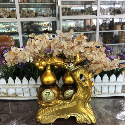 Cây tài lộc bầu hồ lô phong thủy đá thạch anh trang trí bàn thờ thần tài, bàn làm việc - Cao 28 cm