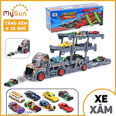 Mô hình xe tải container đầu kéo đồ chơi chở 8 ô tô cho bé MySun