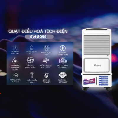 Quạt Tích Điện Điều Hòa SOWUN SW808S, Công Suất 40W Vừa Tích Điện Vừa Làm Mát Bằng Hơi Nước